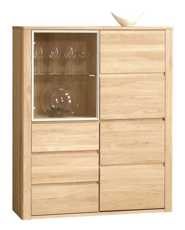 Vitrine Jussara 10, Farbe: Hellbraun, Eiche teilmassiv – 150 x 124 x 42 cm (H x B x T)
