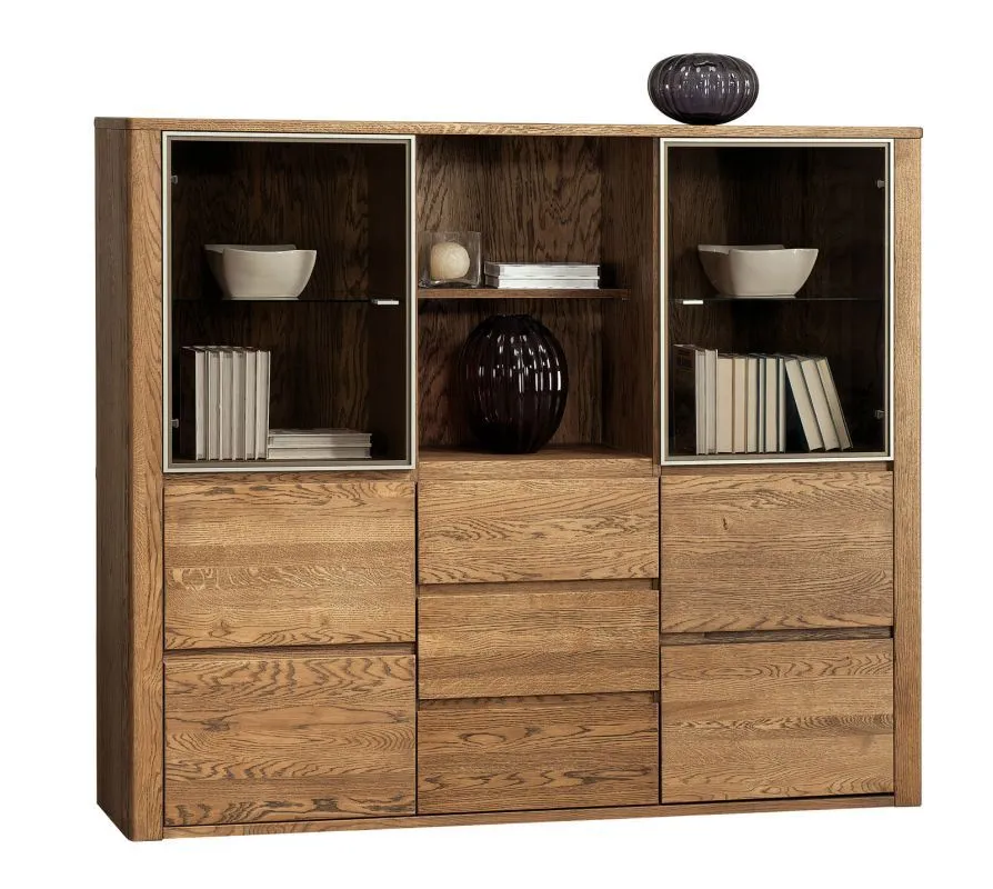 Vitrine Jussara 12, Farbe: Bernstein, Eiche teilmassiv – 150 x 178 x 42 cm (H x B x T)