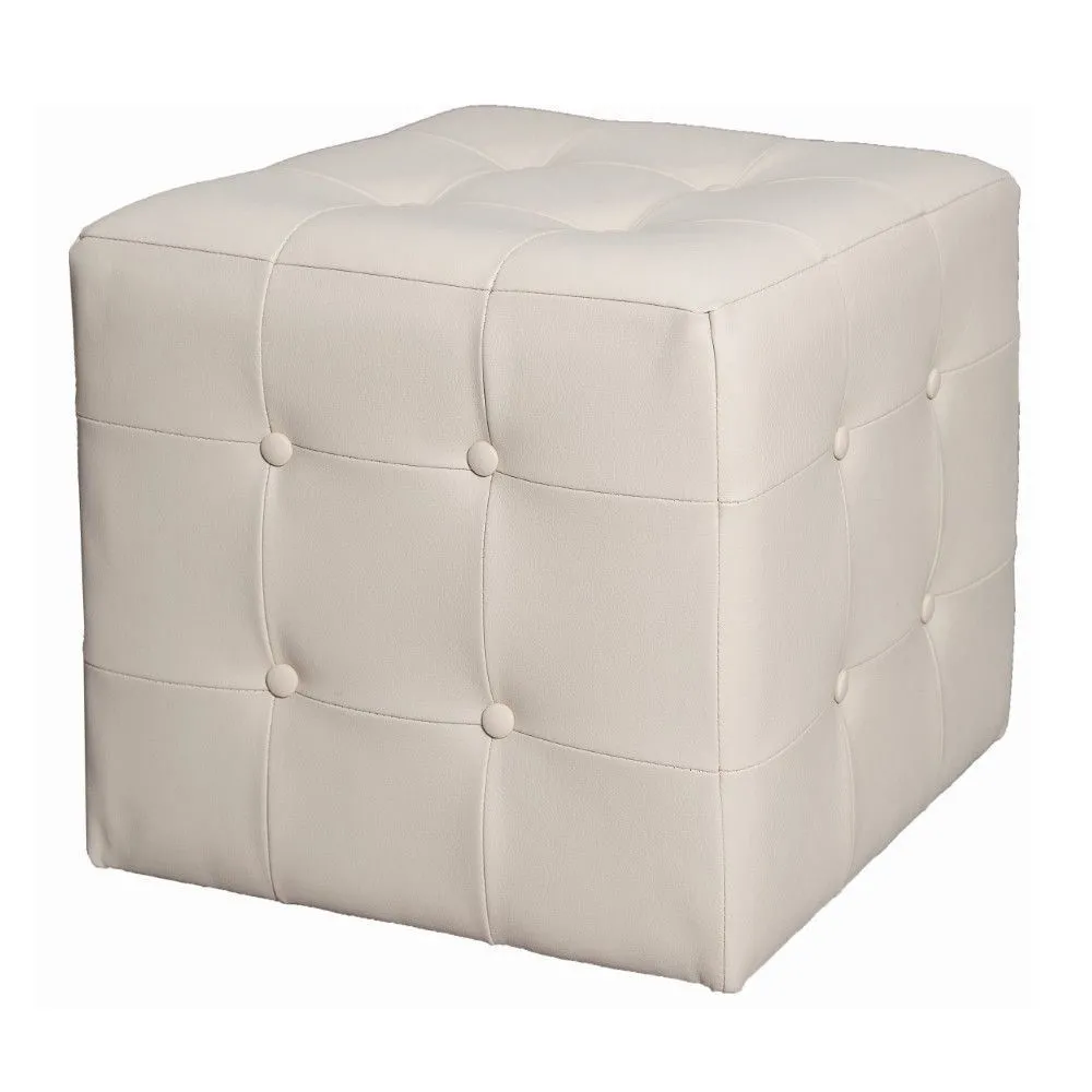 Würfelförmiger Hocker, Pouf Bassila 01 in Weiß, 39 x 41 x 41 cm, mit Knöpfen verziert, bequemer Sitzwürfel, quadratisch