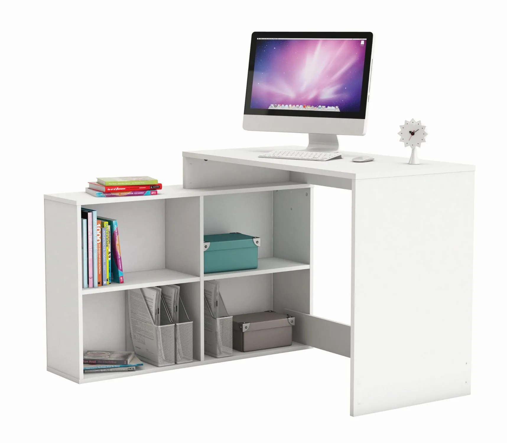 Weißer Schreibtisch Kasungu 17, mit 4 offenen Fächern, 77 x 112 x 101 cm, große Ablagefläche, L-förmiger Computertisch, spiegelverkehrt montierbar