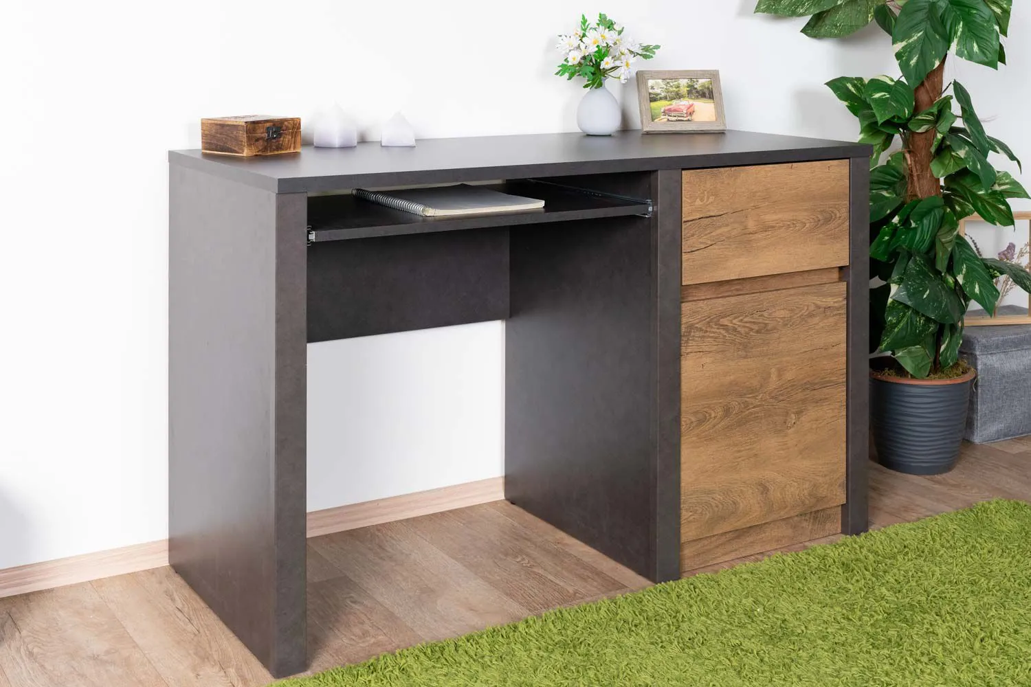 Schreibtisch Selun 11, Farbe: Eiche Dunkelbraun / Grau - 75 x 120 x 53 cm (H x B x T)