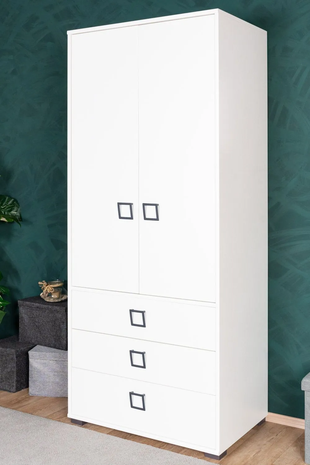 Kinderzimmer - Drehtürenschrank / Kleiderschrank Benjamin 13, Farbe: Weiß - Abmessungen: 198 x 84 x 56 cm (H x B x T)