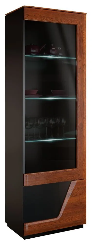 Vitrine mit Türanschlag rechts "Medulin" 23, Farbe: Walnuss / Schwarz, teilmassiv - Abmessungen: 192 x 61 x 43 cm (H x B x T)