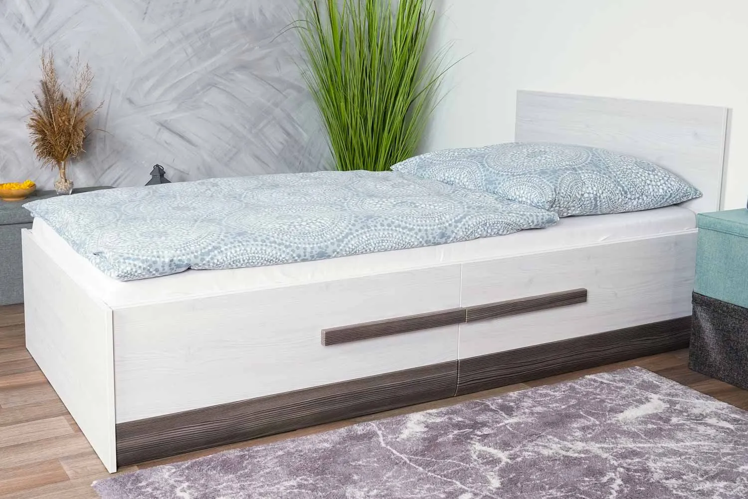 Einzelbett / Gästebett Knoxville 16, Farbe: Kiefer Weiß / Grau - Liegefläche: 90 x 200 cm (B x L), mit 2 Schubladen