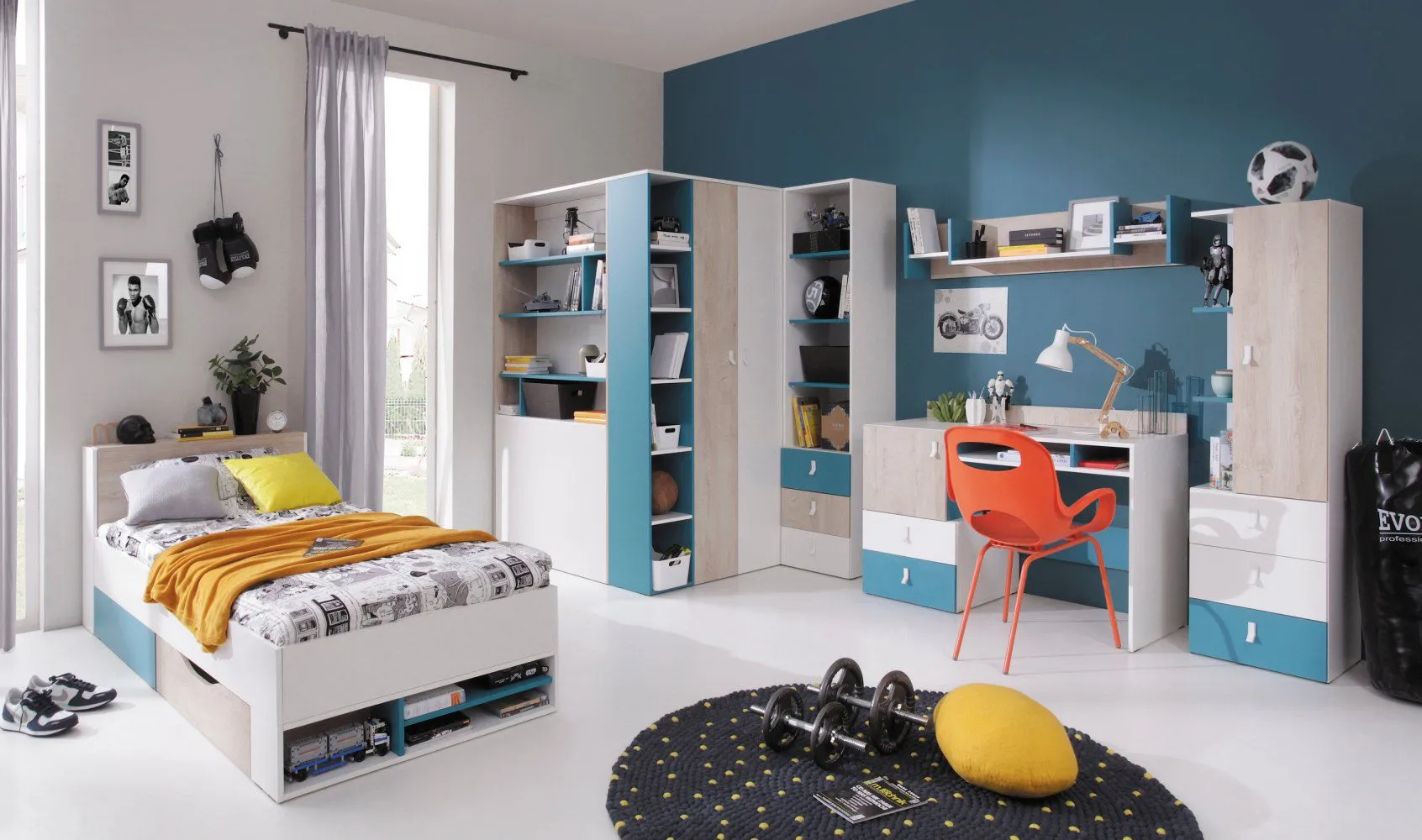 Jugendzimmer Kinderzimmer Komplett - Set B "Aalst", 6-teilig, Eiche / Weiß / Blau