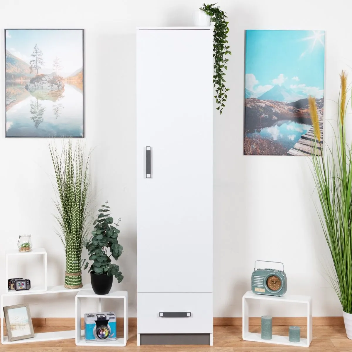 Kinderzimmer - Schrank Frank 05, Farbe: Weiß / Grau - 189 x 45 x 40 cm (H x B x T)