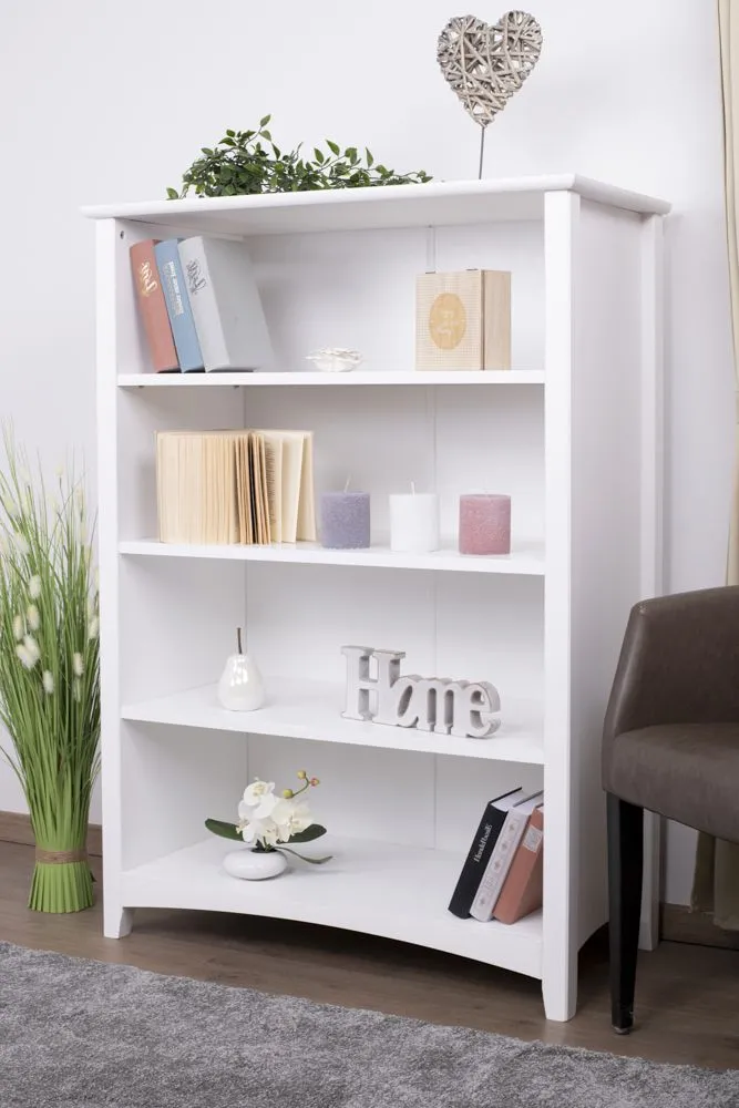 Niedriges weißes Regal aus Kiefernholz Lagopus 85, Vollholz, 127 x 92 x 42 cm, 4 Fächer, 3 stabile Holzeinlegeböden, glatte Oberfläche