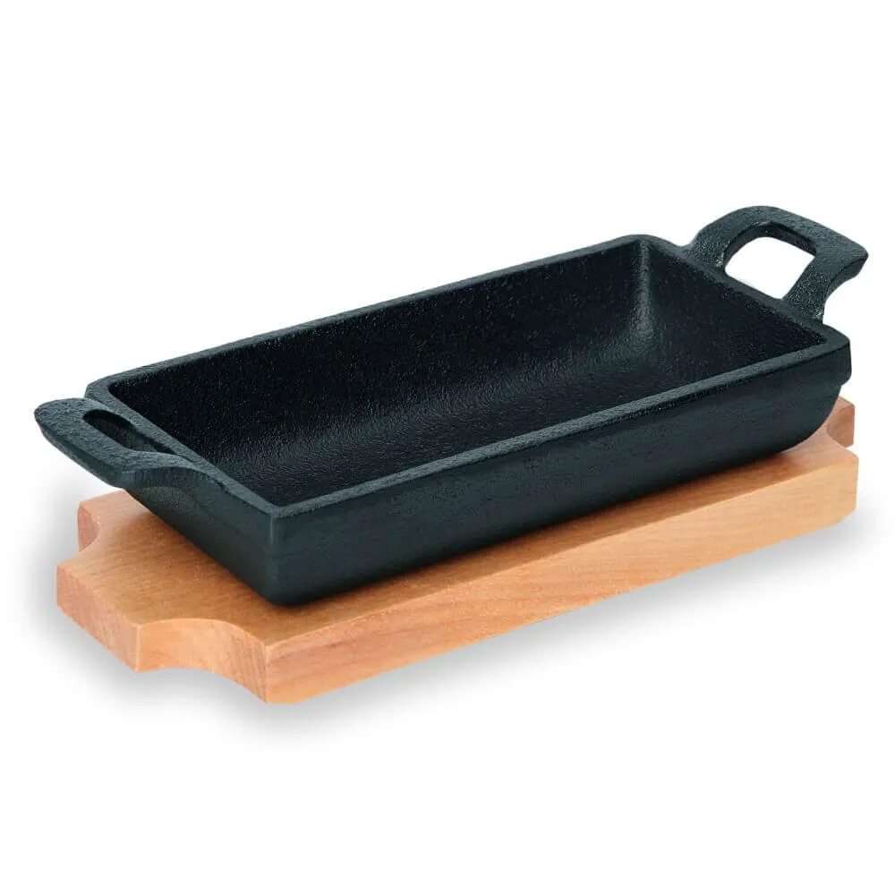 WAS Mini-Servierpfanne eckig 18 x 9,5 x 3 cm mit Holzuntersetzer