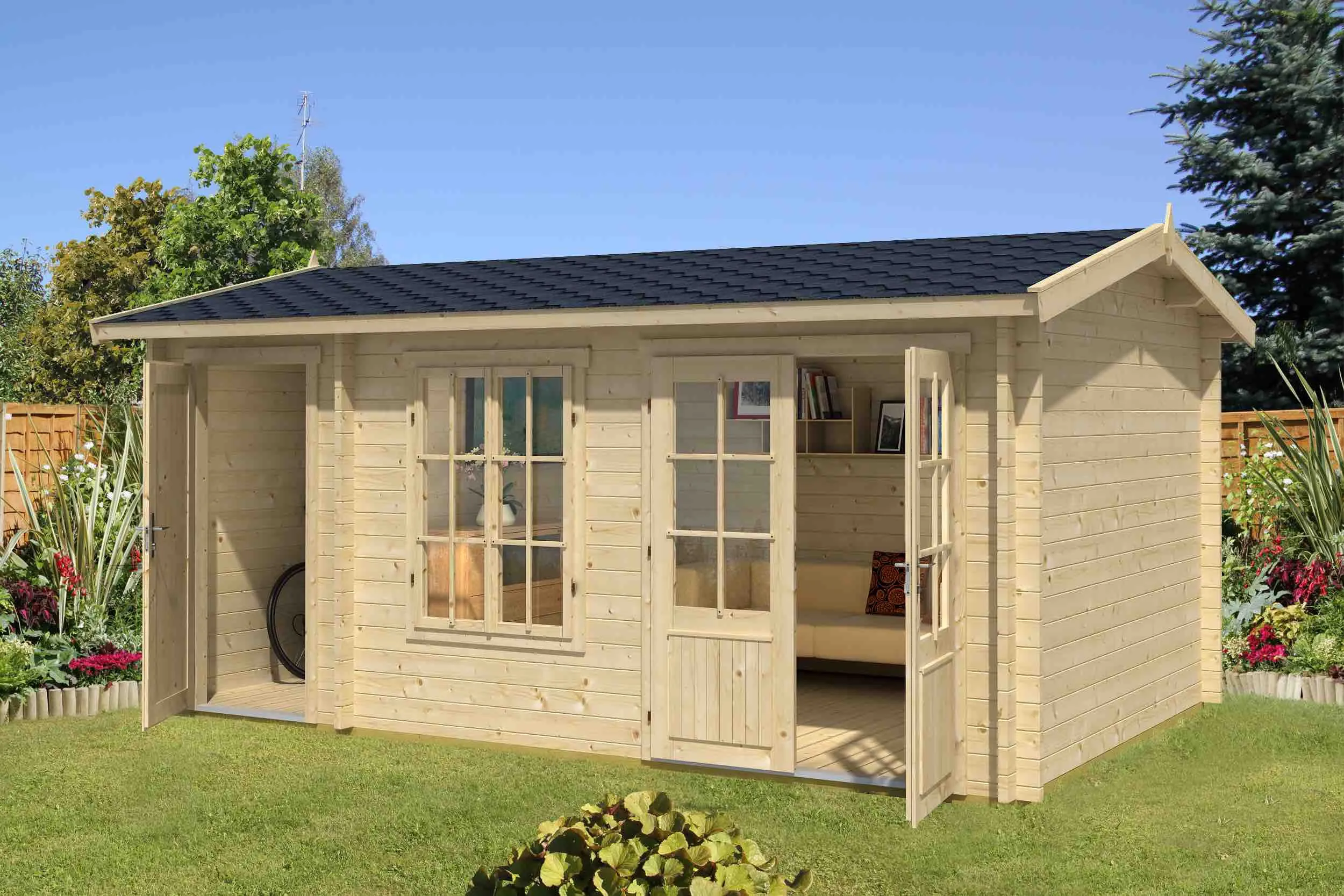 Gartenhaus G220 inkl. Fußboden - 44 mm Blockbohlenhaus, Grundfläche: 14,55 m², Satteldach